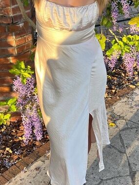 Muse Ivory Satin Midi Slip Dress with Side Slit